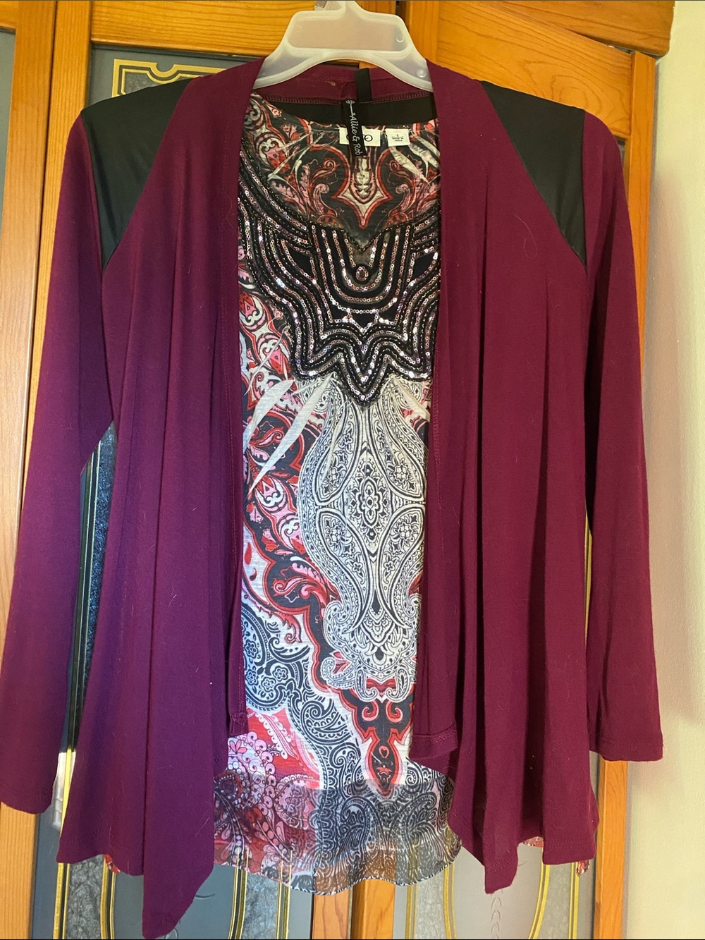 Beaded Paisley Top with Burgundy Open Cardigan